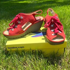 Fly London Ylfa Scarlet Lace-Up Wedge Sandals